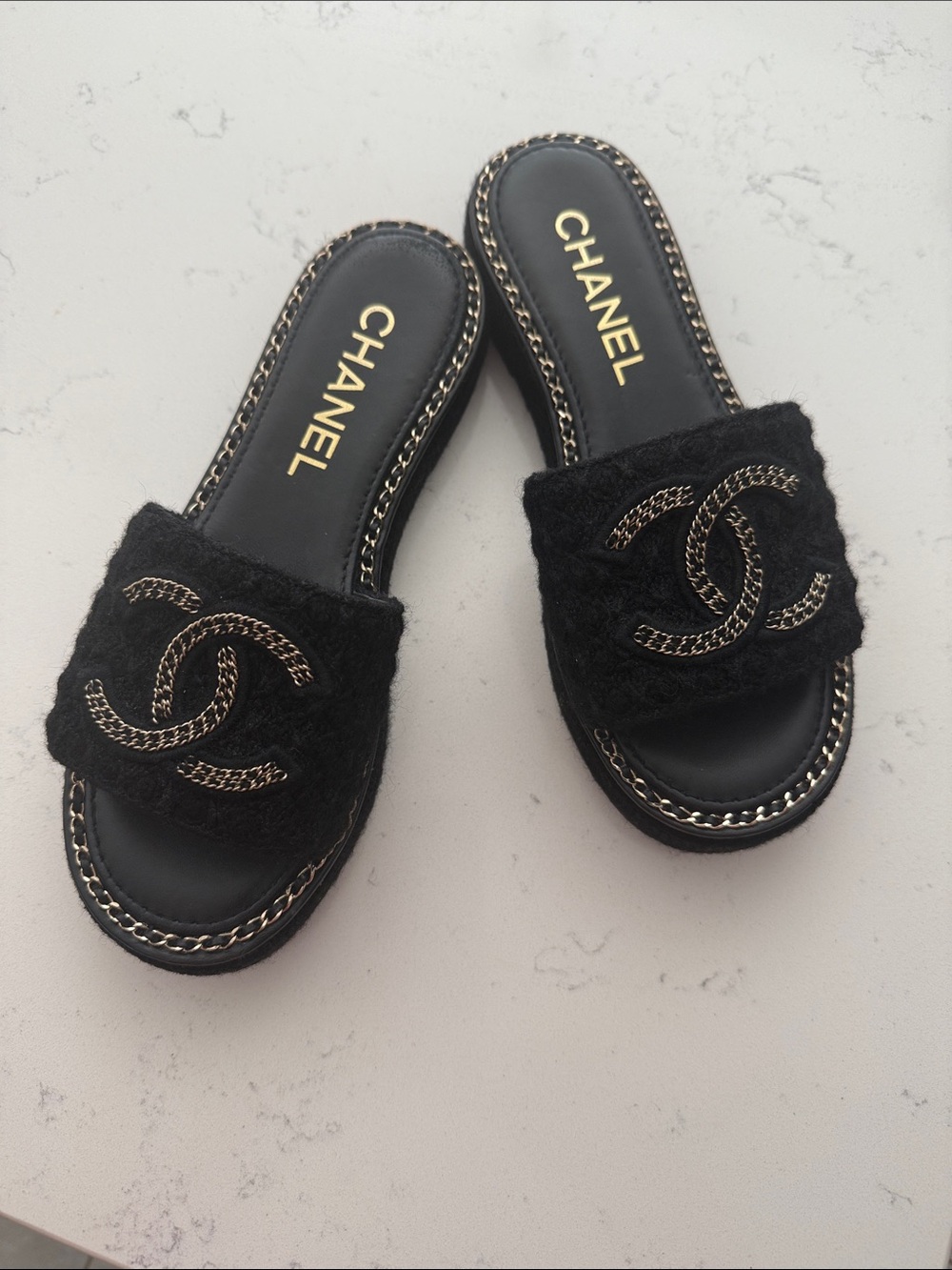 CHANEL Black Chain-Embellished Wool Slide Mules